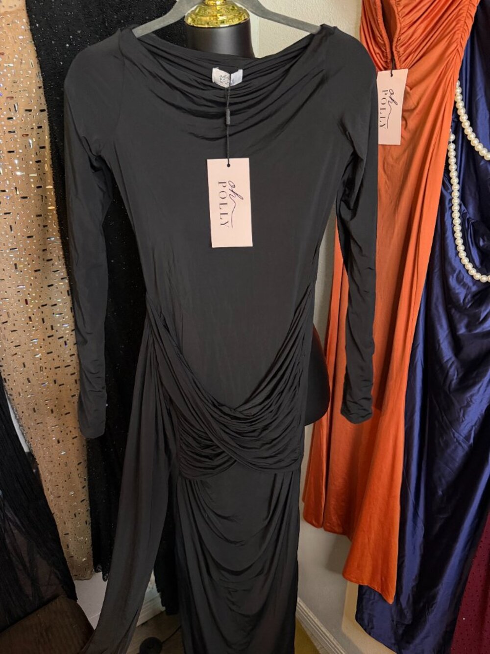 Oh Polly Black Ruched Drape Maxi Dress – NWT - Picture 2 of 2